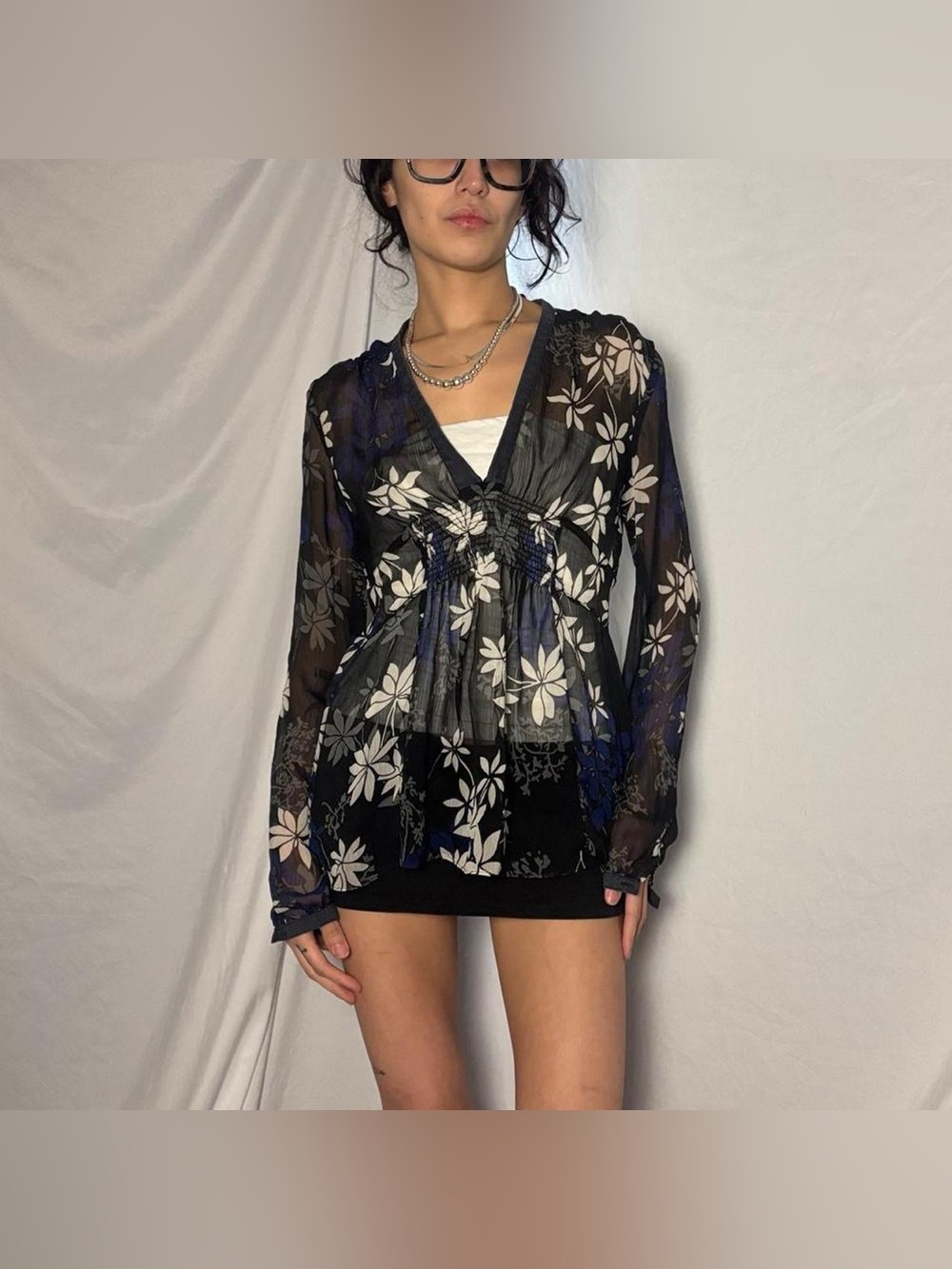 Sheer New York & Company Black & Blue Babydoll Top Size X-Small